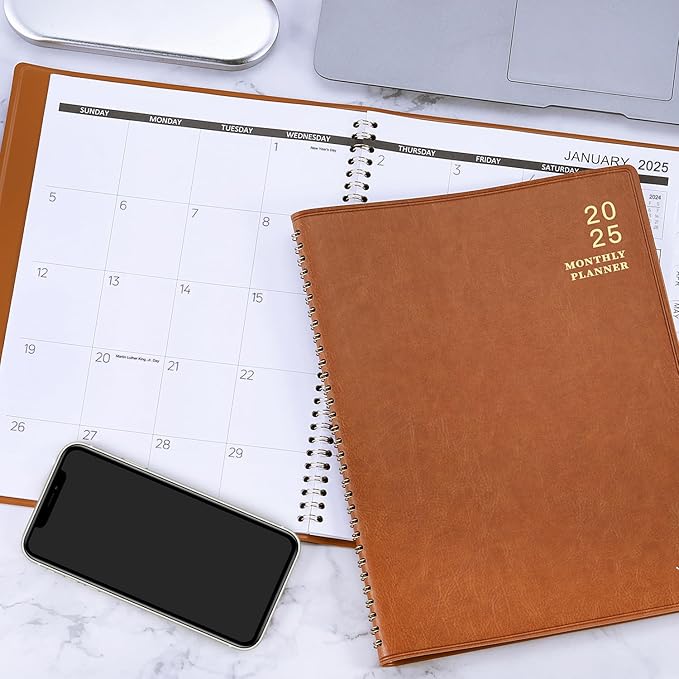 2025 Monthly Planner - 2025 Calendar/Planner 12 Months with Faux Leather, 8.86" x 11.4", Jan.2025 - Dec.2025, 15 Notes Pages, Strong Twin - Wire Binding, Pocket, Monthly Tabs, Perfect Organizer