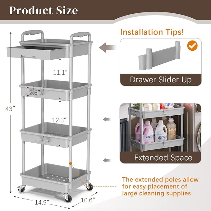 4 Tier Rolling Utility Cart with Drawer, Utility Storage Organizer with Plastic Shelf & Lockable Wheels Multifunctional Storage Cart for Kitchen, Bathroom, Office, Living Room, Gray