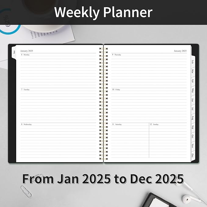 2025 Planner Weekly and Monthly, Calendar Planner with Monthly Tabs, 2025 Weekly Planner from Jan 2025 - Dec 2025, Weekly Monthly Planner with Spiral Binding- 8.5" x 11", Black
