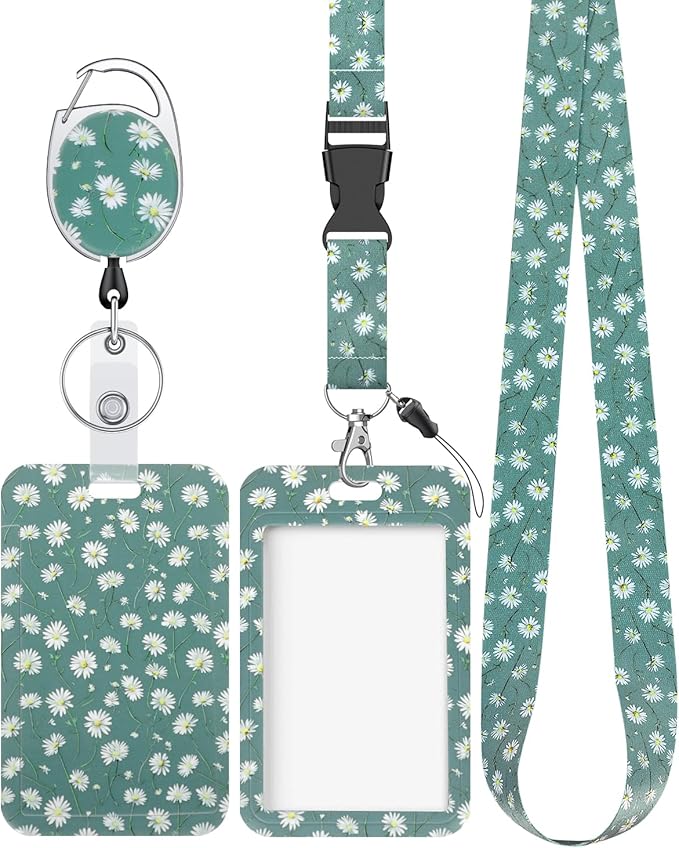 Uniclife Floral Sliding Badge Holder White Daisy Plastic Case with Retractable Badge Reel Carabiner Clip & Detachable Lanyard Strap Fashionable Vertical Card Protector for Women Nurse Teacher Student