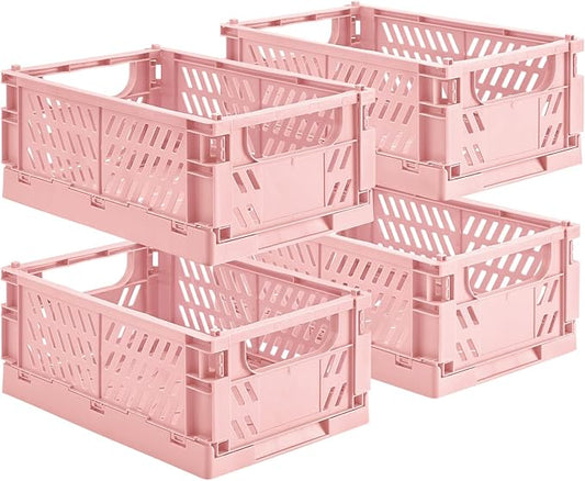 4-Pack Small Pastel Plastic Storage Baskets, Collapsible Crates for Organizing, Space-Saving Mini Bins for Classroom, Kitchen, Office, Bedroom (Pink, 9.8" x 6.5" x 3.8")
