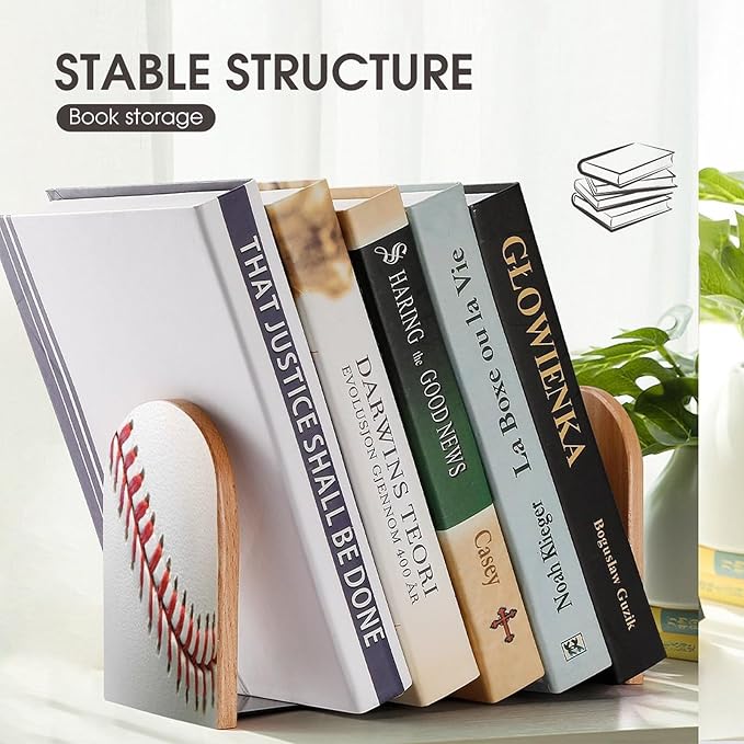 2 Pack Wood Bookends, Sport Ball Baseball Lace Non-Skid Book Ends for Heave Books, Decorative Bookends for Shelves Desk, Book Stoppers Book Holders for Home Office Library School