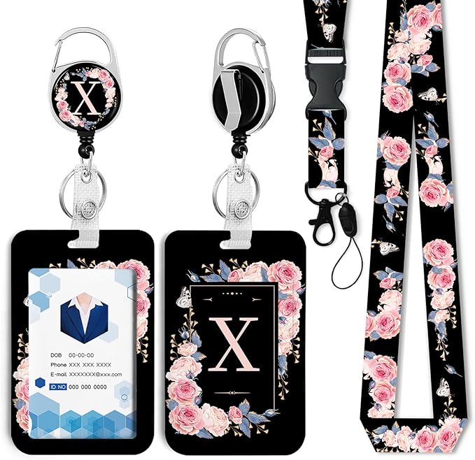 A-Z Badge Holder with Retractable Reel and Breakaway Lanyard Badge Clips Retractable Heavy Duty Badge Reel，Keychain，ID Holder with Breakaway Lanyard for School Nurse Office Teen X