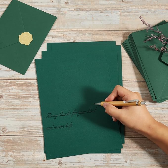 50 Pack Dark Green A7 Envelopes with Cards 5x7 Thick Folded Cardstock and Gold Stickers for Greeting Cards, Wedding, Birthday, Invitations, Baby Showers (Dark Green, 5x7)