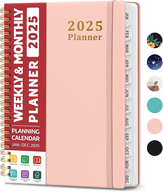 2025 Planner - Weekly and Monthly Planner Spiral Bound, January 2025 - December 2025, Hardcover 2025 Calendar Planner Book with Tabs, Inner Pocket, Perfect for Office Home School Supplies - A5 (6.3" x 8.5"), Pink