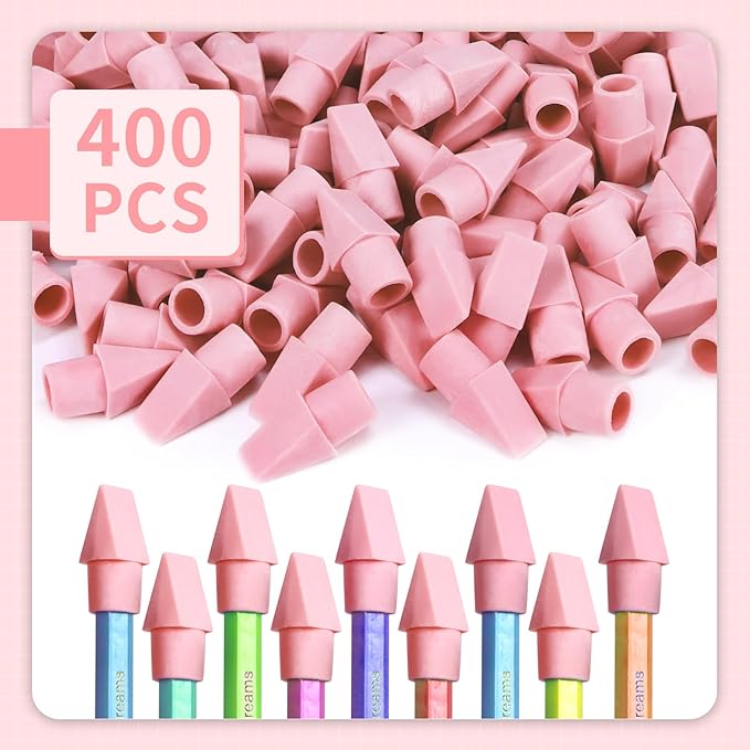 400PCS Pencil Top Eraser Bulk Caps for Pencils,Chisel Shape Erasers Toppers Assorted Colors for Party Favors Games Prizes, Pencil Top Erasers Cap for Home School Classroom Office, Pink