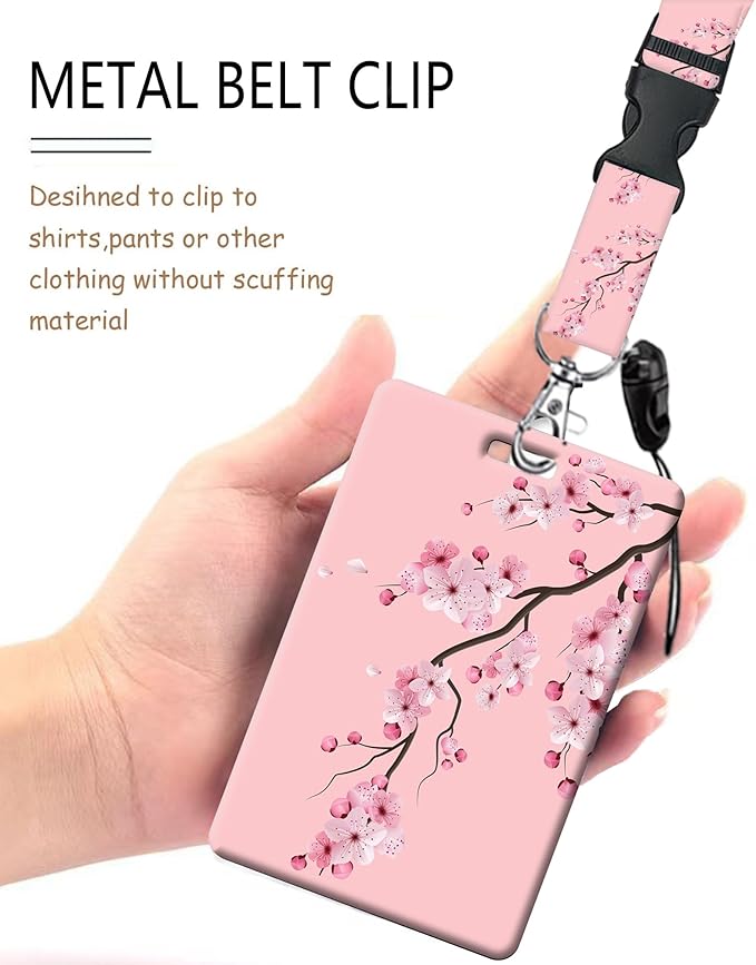 ID Badge Holder with Retractable Lanyard and Keychain, Badge Reel with Rotate Carabiner Clip,Pink Blooming Flower Card Name Tag Lanyard ID Protector Bage Clips for Student, Women, Office