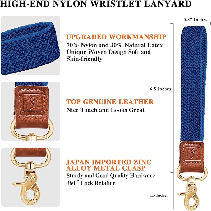 Fishent Stretchy Wristlet Keychain,Braided Cute Wrist Lanyards for Keys, Key Chain Holder for Women Men, Wrist Strap Keychain for Car Keys Phone Camera Wallet ID Badges Card (Atlantic Blue)