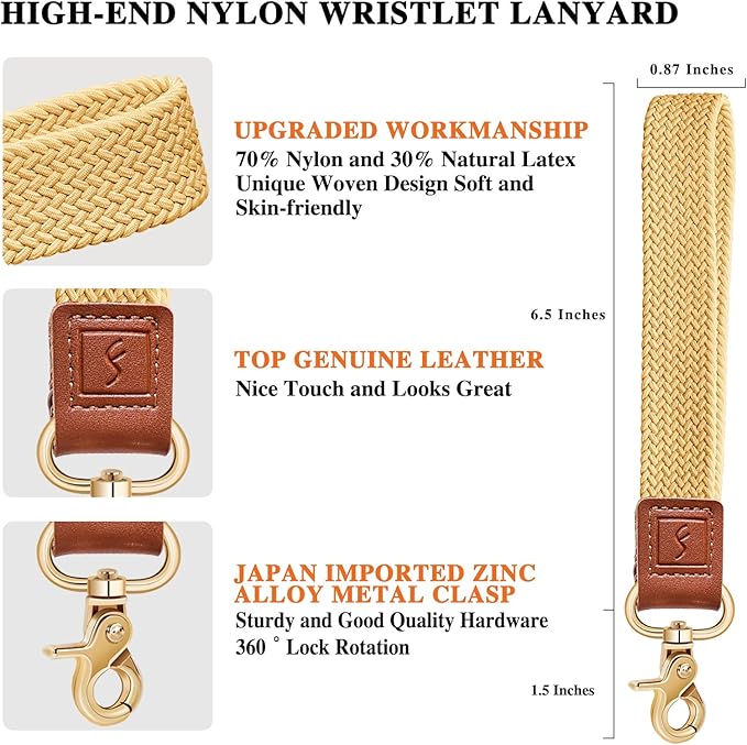 Fishent Stretchy Wristlet Keychain,Braided Cute Wrist Lanyards for Keys, Key Chain Holder for Women Men, Wrist Strap Keychain for Car Keys Phone Camera Wallet ID Badges Card (Maize)