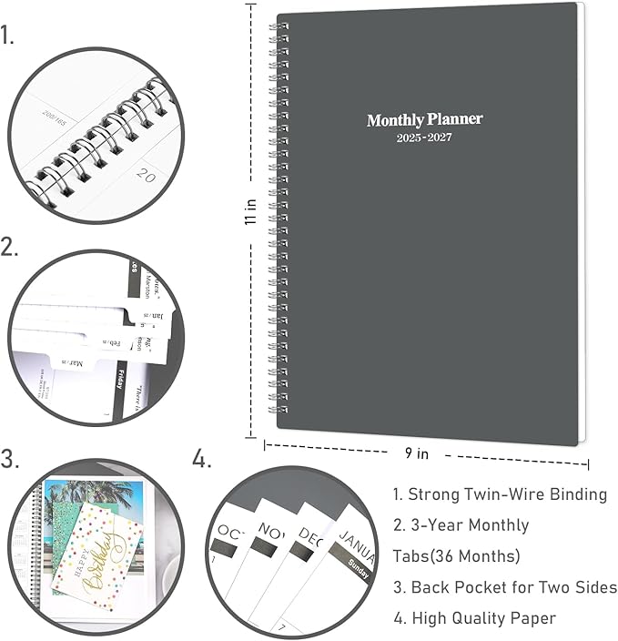 2025-2027 Monthly Planner/Calendar - 3 Year Monthly Planner 2025-2027, JAN 2025 - DEC 2027, 9'' x 11'', 36 Monthly Tabs, 2-Side Pocket