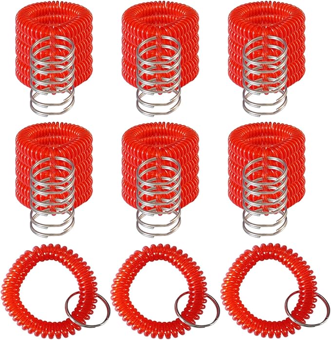 Pack of 36 Colorful Spring Spiral Wrist Coil Key Chain, Wristband Key Ring (Red)