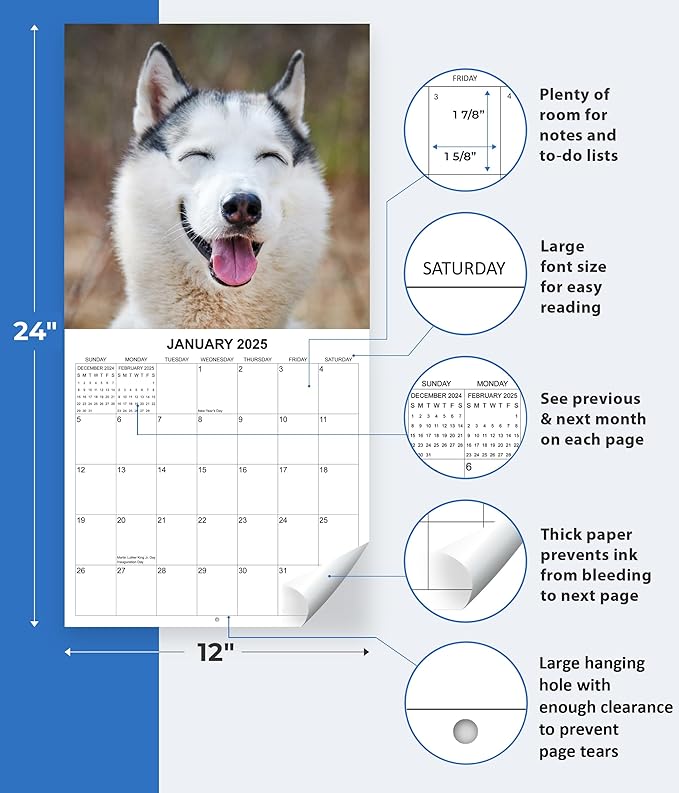 2025 Smiling Dogs Monthly Wall Calendar | 12" x 24" | Thick Sturdy Paper | Dog Calendar 2025
