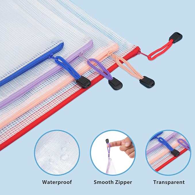 30 Pcs Mesh Zipper Bags, 9 Colors, 9 Sizes Waterproof Plastic Zipper Pouches, Multipurpose for Organizing, Home, School, Office, and Travel Storage