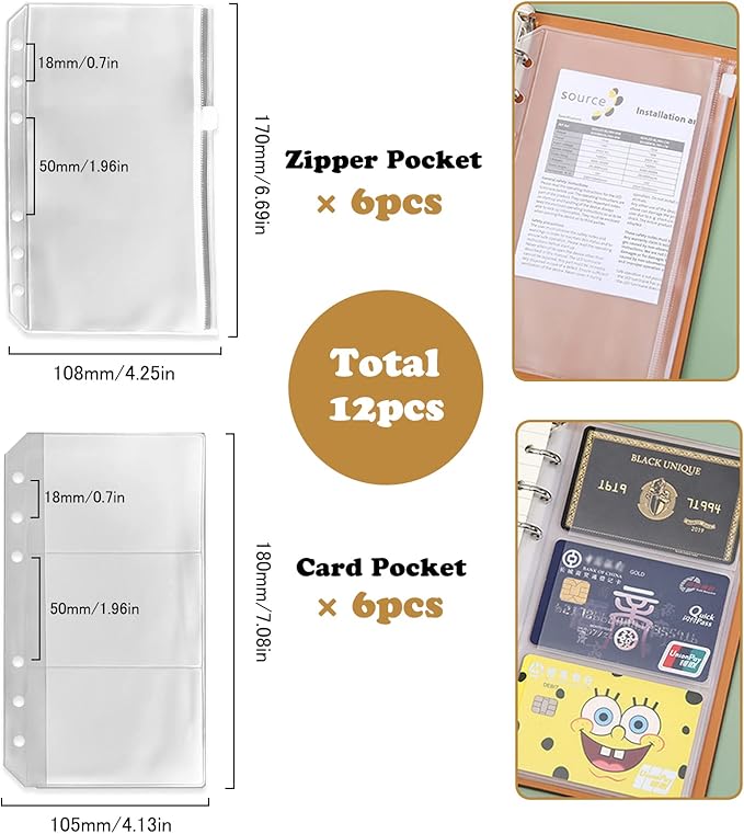 12PCS A6 Size Binder Pockets, Zipper Binder Pocket, 3-Pockets Storing Bag, Two Types, Clear 6-Hole Binder Zipper Folders, Waterproof PVC Zipper Loose Leaf Bags for Home Office School Supplies