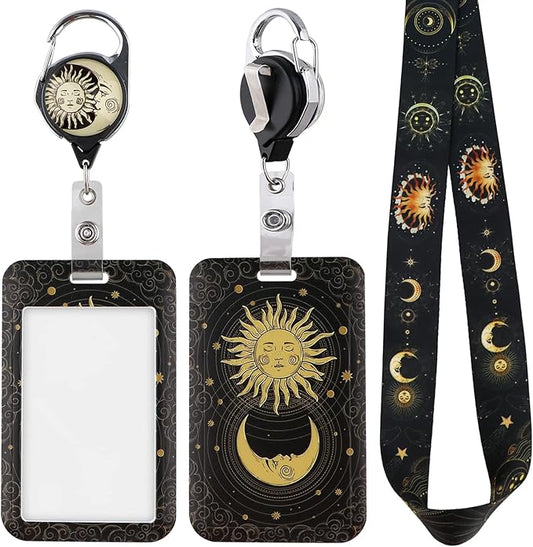 ID Badge Holder with Lanyard & Retractable Badge Reel Cute Key Lanyard for Women Men Girls for ID Badges Aesthetic Nurse Keychain Neck Lanyard for Keys, Cool Goth Moon Sun Reel Car Key Lanyard