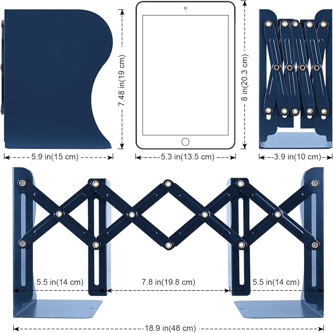 2PCS Adjustable Bookends, Metal Book Ends for Heavy Book, 2 Dividers, Nonslip Book Stander for Desk, Shelf, Office, Stationery Gift, Extends up to 19 inches (Blue)