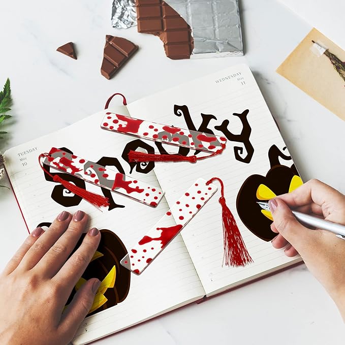 5 Pieces Blood Bookmark Halloween Theme Bookmarks Blood Splatter Bookmark Art Page Marker Bloodstain Bookmark Handmade Ideal Trick or Treat Present for Friends, Kids, Students, Teacher