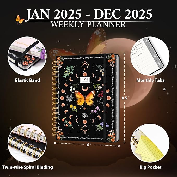 2025 Planner Weekly & Monthly Agenda Book, Daily Planner Hardcover, 2025 To Do List Notebook with Monthly Tabs, Pocket, Spiral Bound, Elastic Closure, Thick Paper(6 * 8.5) Butterfly