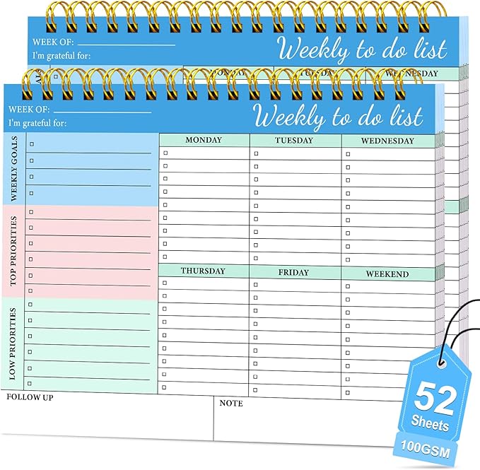 2 Packs Weekly To Do List Notepad - Weekly Planner Notepad, Undated Weekly Desk Planner with To Do List Notebook for Work, 52 Pages Spiral Bound Notepad with Checklist, 8.5"×11"