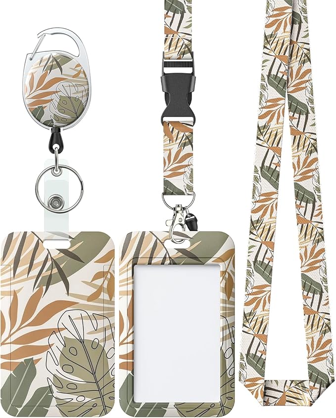 Uniclife Floral Sliding Badge Holder Monstera Leaves Plastic Case with Retractable Badge Reel Carabiner Clip and Detachable Lanyard Strap Vertical Card Protector for Women Nurse Teacher Student