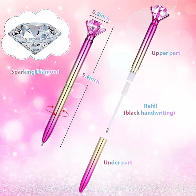 24 Pieces Big Crystal Diamond Pens Bling Ballpoint Pen Black Ink Rhinestones Pen for School Office Supplies Christmas Wedding Birthday Present, 4 Colors(Colorful Style)