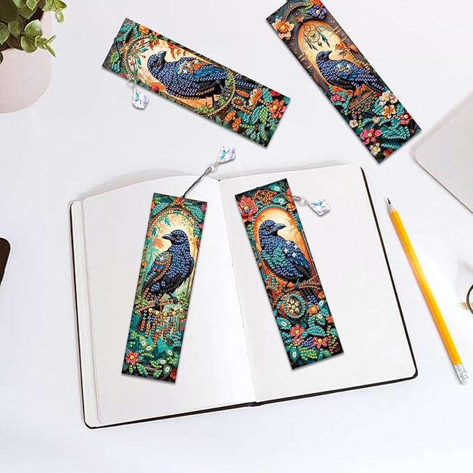 4-Piece Diamond Painting Bookmarks Set for Adults – DIY 5D Rhinestone Art Bookmarks with Tassels, Crow Design Diamond Art Bookmarks for Crafts and Gifts, Ideal Gift for Book Lovers