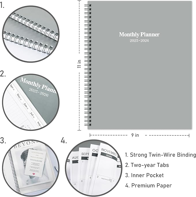 2025-2026 Monthly Planner/Calendar - 2 Year Planner 2025-2026, Monthly Tabs, 9’’ × 11’’, Jan. 2025 - Dec. 2026, Hard Cover, Inner Pocket - Grey