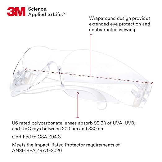 3M Safety Glasses, Virtua, 100/Pack, ANSI Z87, Unisex, Clear Hard Coat Lens, Clear Frame, Economical Eyewear Protection, Lightweight, Wraparound Coverage, UVA, UVB, UVC
