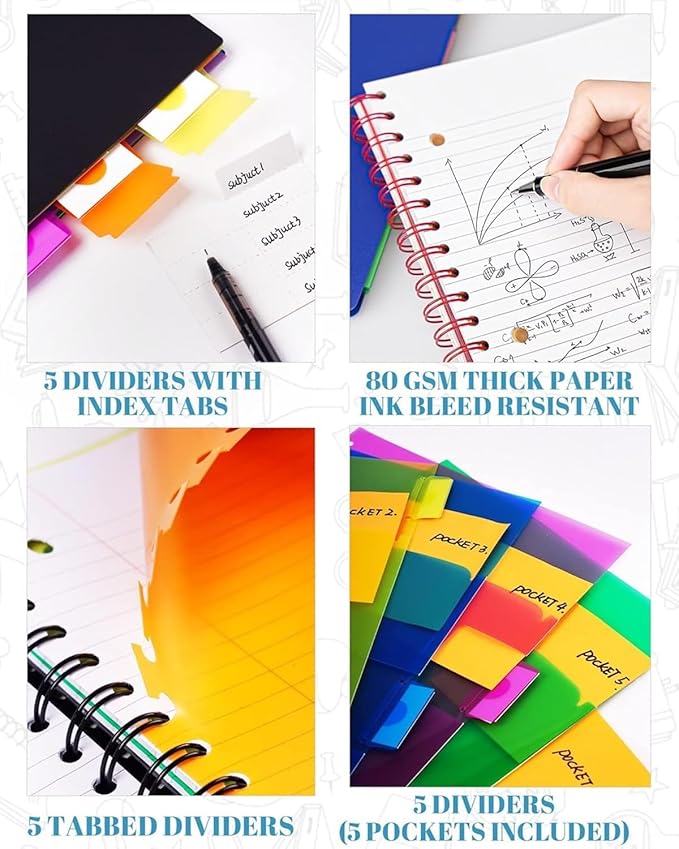 5 Subject Notebook - Spiral Notebook, College Ruled Notebook with Dividers Pocket, Tabs, 11" Ruler, 300 Pages, for Writing Journal, Home & Office, School Supplies (8.5 * 11Babyblue)