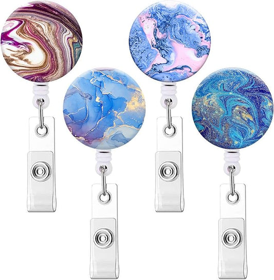 Retractable ID Badge Holder Nurse Badge Reels with Clip Name Card Holders for Office Worker Doctor Nurse (4 Pack Colorful Marble B)