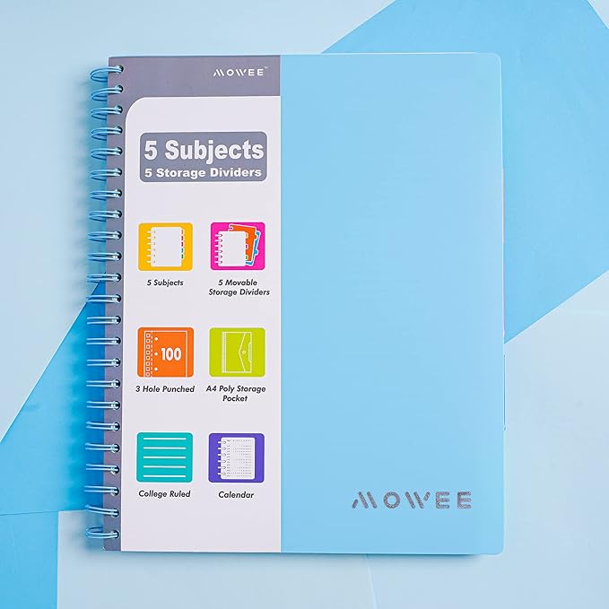 5 Subject Notebook - Spiral Notebook, College Ruled Notebook with Dividers Pocket, Tabs, 11" Ruler, 200 Pages, for Writing Journal, Home & Office, School Supplies (8.5 * 11Babyblue)
