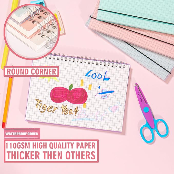 4 Pack Graph Notebook, 5.9 x 8.3 Inches Spiral Notebooks for Work, School and Journal with 110 GSM Graph Paper, Small Notebook with 80 Sheets/160 Pages, Hardcover Grid Paper Notebook