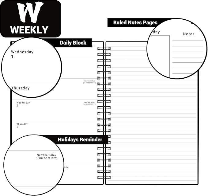 2025 Planner - 2025 Planner Weekly and Monthly, Jan 2025 - Dec 2025, 5" x 8", Twin-Wire Binding, Holidays, Back Pocket, Thick Paper, Classic Black