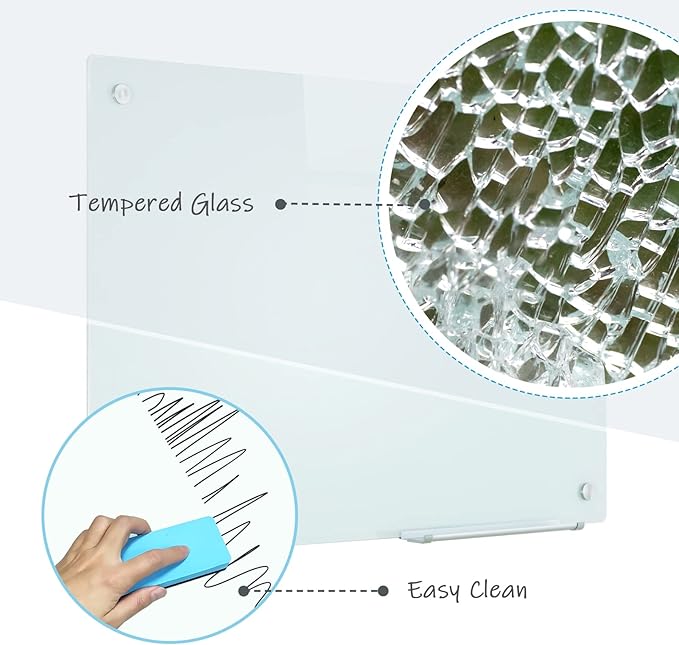 Magnetic Glass Whiteboard, 36"x48"(90x120cm) Frameless Dry Erase Board White Board Surface Wall Mounted for Office, Classroom & Home