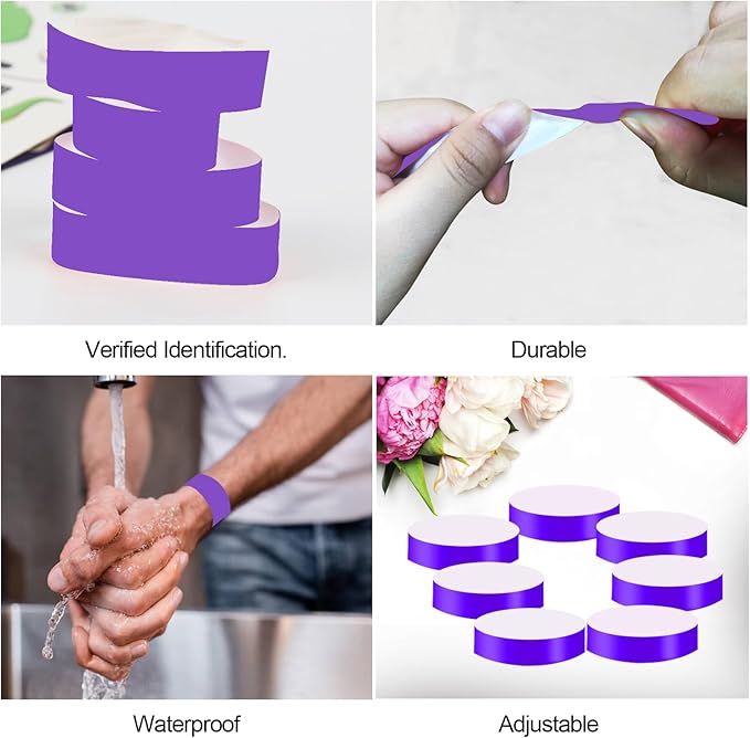 REHALY 1400 Pack Wristbands for Events Paper Wristbands Waterproof Paper Bracelets Neon Wrist Bands Colored Wristbands Adhesive Hand Bands Armbands for Concerts(Purple)