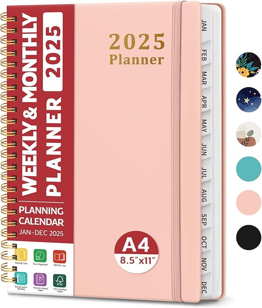 2025 Planner - Weekly and Monthly Planner Spiral Bound, January 2025 - December 2025, Hardcover 2025 Calendar Planner Book with Tabs, Inner Pocket, Perfect for Office Home School Supplies - A4 (8.5" x 11"), Pink