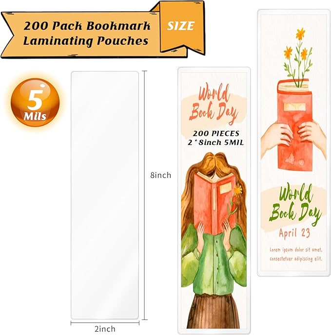 200Pieces Bookmark Laminating Pouches 2 * 8inch Hot Laminator Sleeves 5 Mil Compatible with Most Pouch Laminating Machines for Book Lovers Nature Lovers
