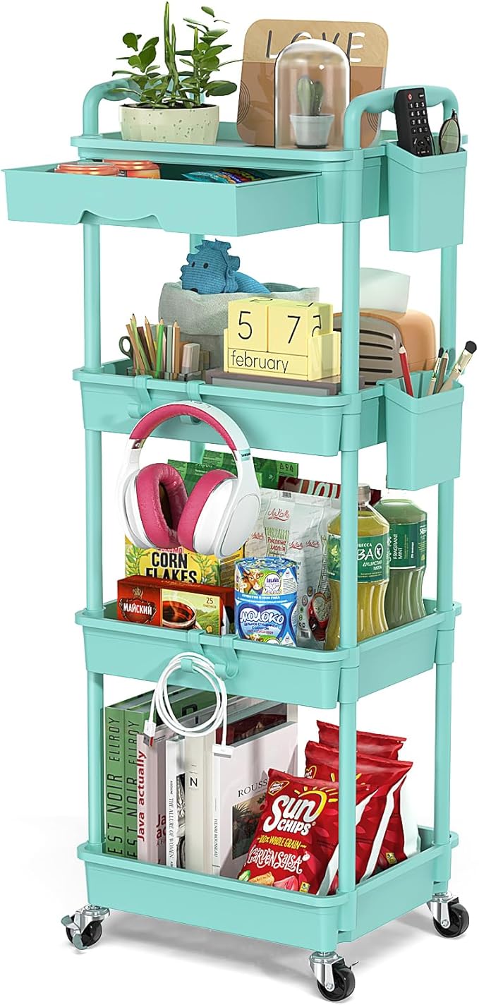 4 Tier Rolling Utility Cart with Drawer, Utility Storage Organizer with Plastic Shelf & Lockable Wheels Multifunctional Storage Cart for Kitchen, Bathroom, Office, Living Room, Blue