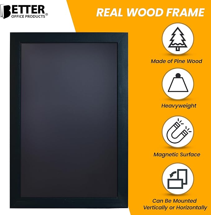 Magnetic Wall Chalkboard, Extra Large Size 20" x 30", Wood Frame, Chalkboard Sign, Vertical or Horizontal Wall Mount, Includes 4 Chalk Markers, Chalk & Eraser, by Better Office Products (Solid Black)