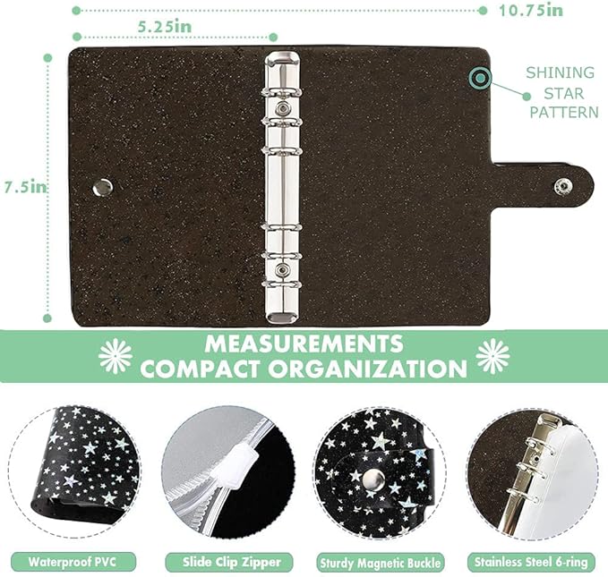 35 Pieces A6 Binder PVC Cover with 10 Clear Binder Pockets, Waterproof 6-Ring Budget Binder Envelopes System Budget Planner Organizer, Budget Sheets & Card Bags & Papers & Label for Cash Envelopes