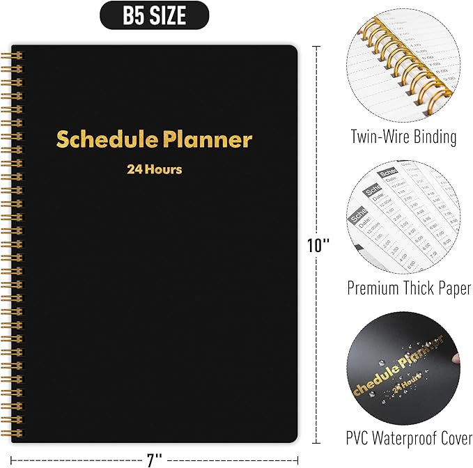24 Hour Schedule Daily Planner - Undated To Do List Notebook with Hourly Schedule, 7" x 10", Spiral Organize Your Tasks and Appointments for Work, School, and Home - Black