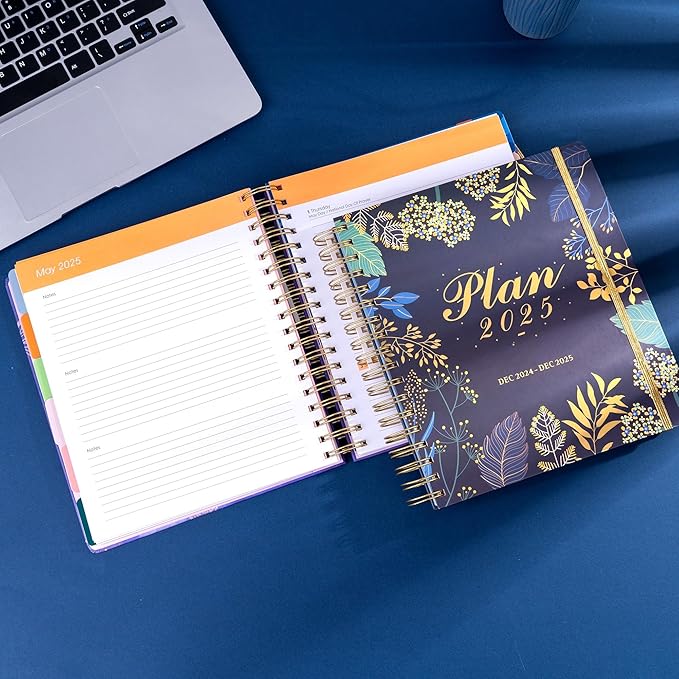 2025 Hardcover Planner Weekly and Monthly, Dec 2024–Dec 2025, Large Spiral Bound Planners 2025 for Women Gifts, 8.3" x 9.3",13 Month Calendar with 13 Tabs, 3 Sticker Sheets, Blue