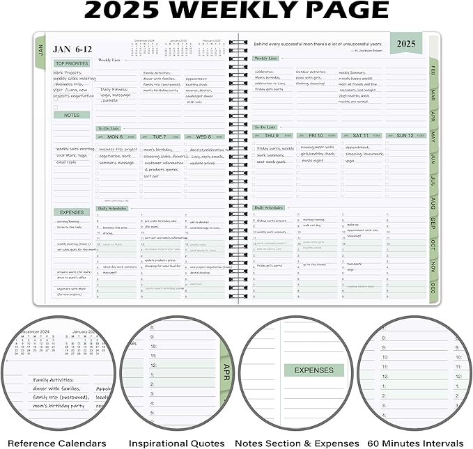 2025 Planner - Weekly & Monthly Planner Notepad 2025, 11.38'' x 8.74'', JAN 2025 - DEC 2025, Appointment Book, 60 Minutes Intervals, Monthly Tabs, Sturdy Cover, Spiral Bound, Back Pockets - Black