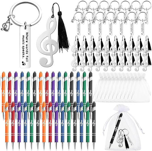 120 Pcs Music Gifts Bulk for Students Include 30 Music Note Ballpoint Pen 30 Music Keychain 30 Metal Music Bookmark 30 Organza Bag Choir Gifts for Student Teacher Music Lover