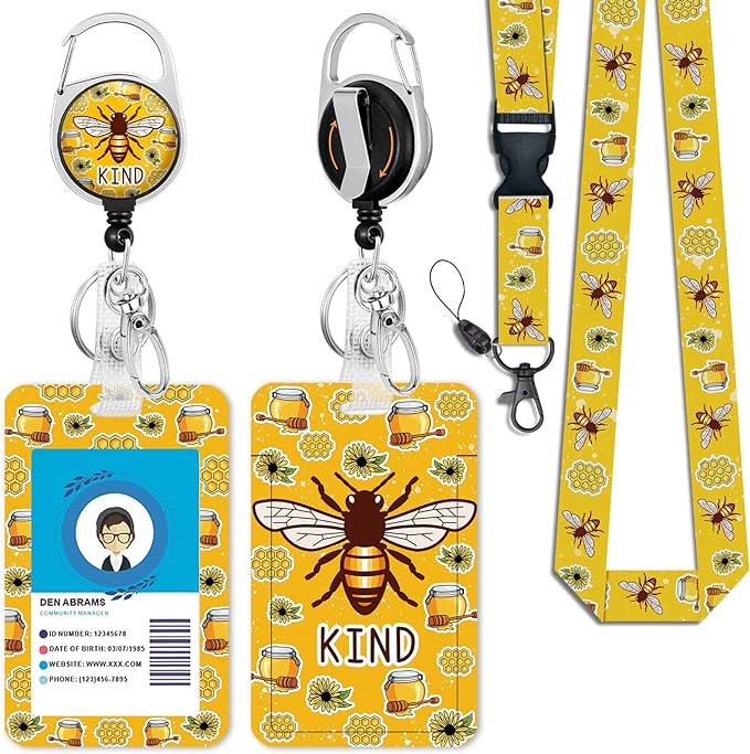 Cute Bee Kind Lanyards for Id Badges, Retractable ID Badge Holder with Detachable Lanyard, Fashionable Badge Reel Heavy Duty with 360 Degrees Rotate Carabiner Clip, Nurse Teacher Office Gifts