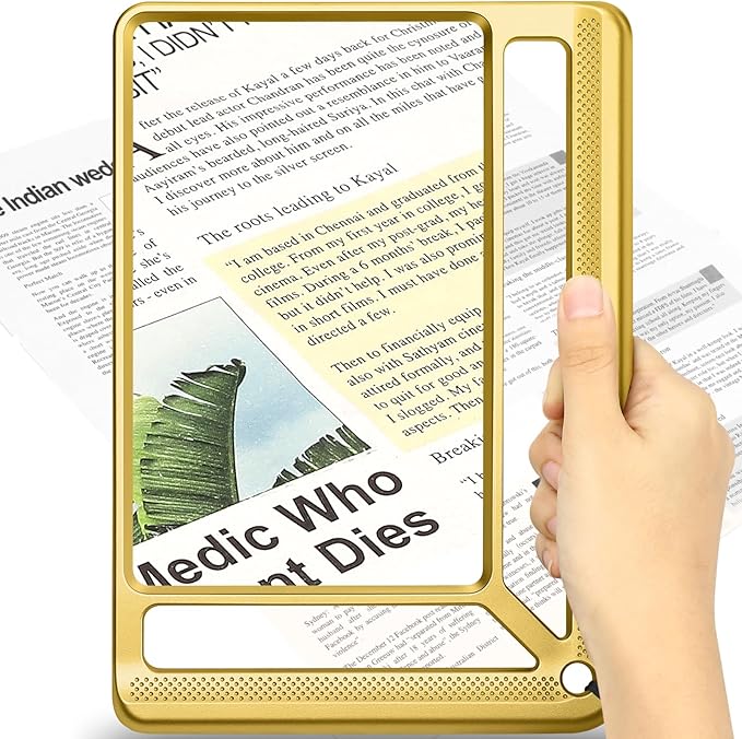 5X Full Page Magnifying Glass for Reading, Lightweight Rectangular Magnifier Provides Large Book Page Viewing Area, Handheld Magnifier for Reading Small Prints for Seniors, Low Vision-Gold