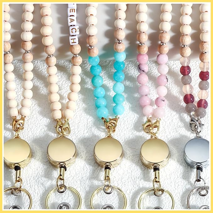 Teacher Lanyard with Id Holder, Cute Lanyards for Id Badges Keys, Retractable Natural Wooden Beaded Lanyard for Women, Lake Blue