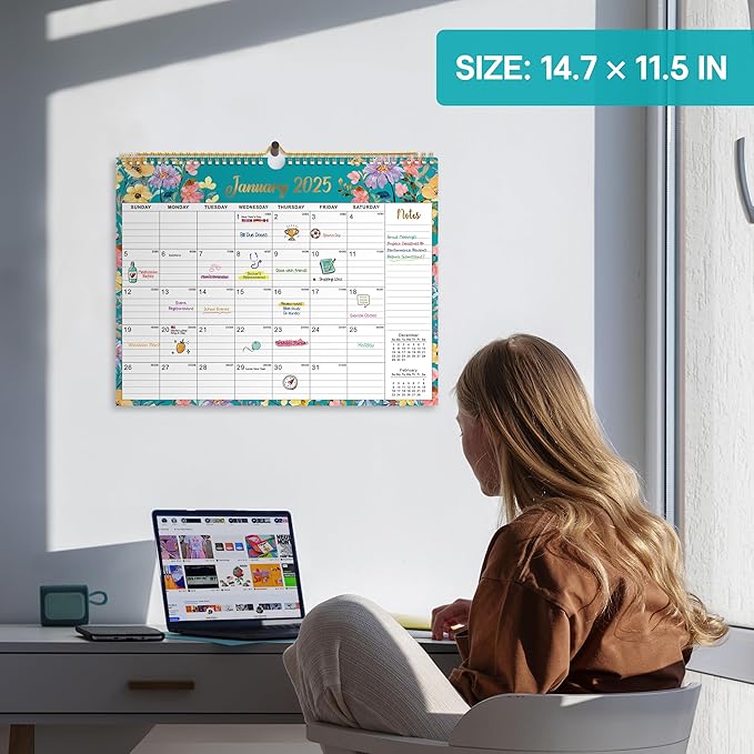 2025 Wall Calendar, Monthly Wall Calendar from January 2025 to June 2026, 11.5" x 14.7", Spiral Binding Hanging Wall Calendar, Perfect for Home or Office, Floral