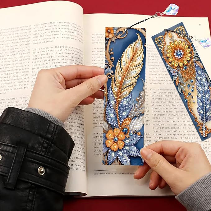 4-Piece 5D Diamond Painting Bohemian Style Bookmarks Set, DIY Craft Kit with Rhinestones – Unique Flower and Feather Designs, Handmade Art Craft Bookmarks with Tassels, Ideal Gift for Book Lovers