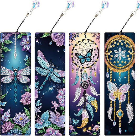 4 Pieces Dream Catcher Diamond Art Bookmarks Dragonfly Butterfly 5D Diamond Art Bookmark Tassel Beaded Book Mark for Graduation Birthday Reading Present DIY Making Beginners Adults Arts Craft Supplies